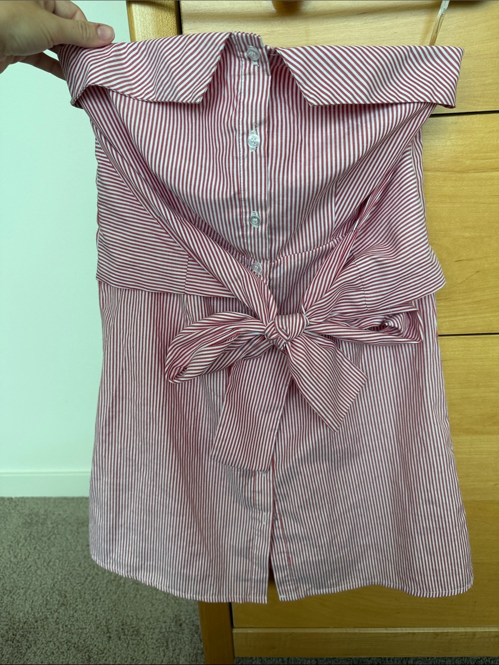 iris Strapless Red and White Striped Tie-Front Strapless Shirt Dress